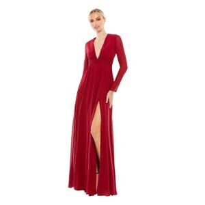 Mac Duggal Size 4 NEW Red V-Neck Front Twist Long Sleeve Maxi Gown Style 55680